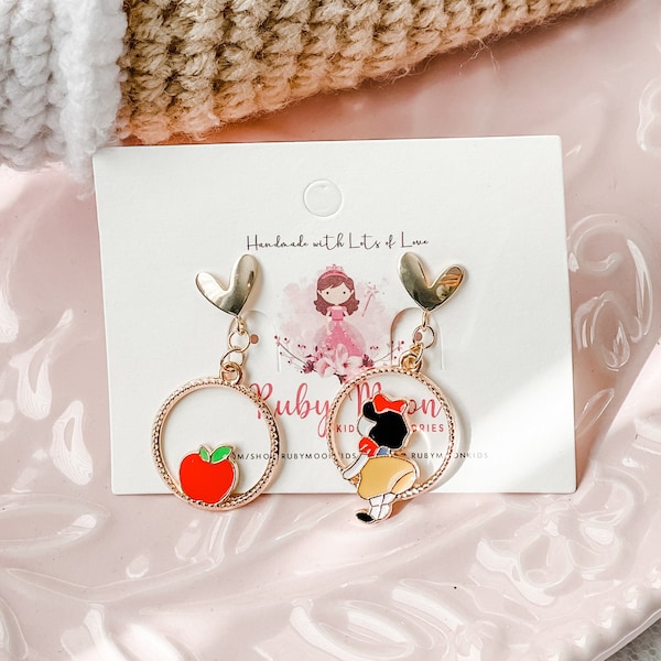 Cute princess Snow White and apple earrings, mismatched, dainty dangle earrings, teenage girl gift, best friends, sisters birthday gift