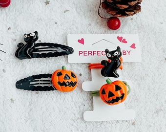 Halloween Hair Clips: Pumpkin & Cat Snap Clips, Toddler Costume