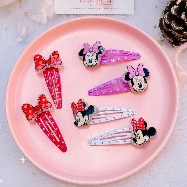 6Pcs Pinces à cheveux Minnie Mouse, tête de souris Minnie, pinces à cheveux en queue de cochon pour bébé à pois, faveurs de fête Minnie Mouse, cadeau d’anniversaire pour petite fille