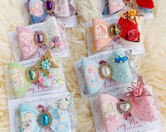 Sparkly Disney Princess Hair Bow, Gemstone with Characters Little Mermaid Ariel, Elsa, Cinderella and Aurora