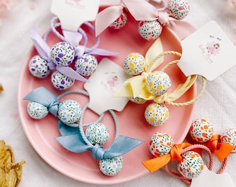 Floral Fabric Pom Pom Hair Ties, Baby Girl Accessories (Pair)