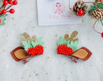 Reindeer Antler Hair Clips: Wool Felt Christmas Baby Headband (Pair)