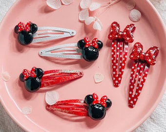 Minnie Mouse Hair Clips: Glitter Polka Dot Bow Snap Clips, Pair