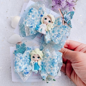 Elsa Hair Bow: Handmade Polymer Clay Frozen Party Bow Clip, Halloween Dress Up