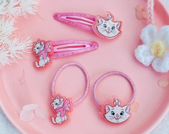 Pinces à cheveux et élastiques Marie Aristochats : accessoires Disney à paillettes roses