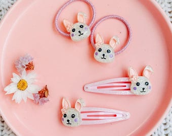 Glitter Bunny Hair Clips and Ties Set, Pink Easter Outfit Accessories (Set of 4)