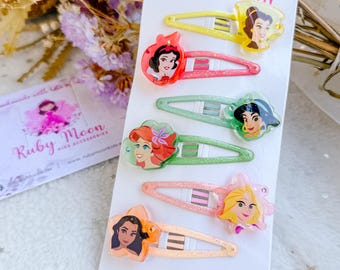 Disney Princess Hair Set | Set of 6x Clips or Elastics | Birthday Gift for Girls | Belle Ariel Moana Gift | Toddler Hair Accessories