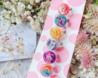 Sparkly Pony Rings Set for Girls, Adjustable Fairy Unicorn Party Favors