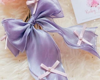 Lavender Organza Ribbon Hair Clip, Fairy Bow Barrettes, Bridal Accessory