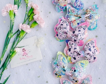 Lazos de coleta con mariposas de Pascua, pinzas para el pelo de cuero vegano con purpurina de Disney