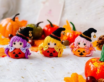 Crochet Witch Doll Ornament, Pumpkin Face Decor