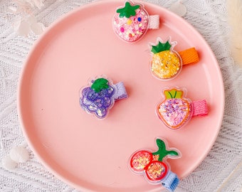 Pinzas para el cabello con purpurina y forma de fruta: Juego de 5 pinzas de cocodrilo con confeti
