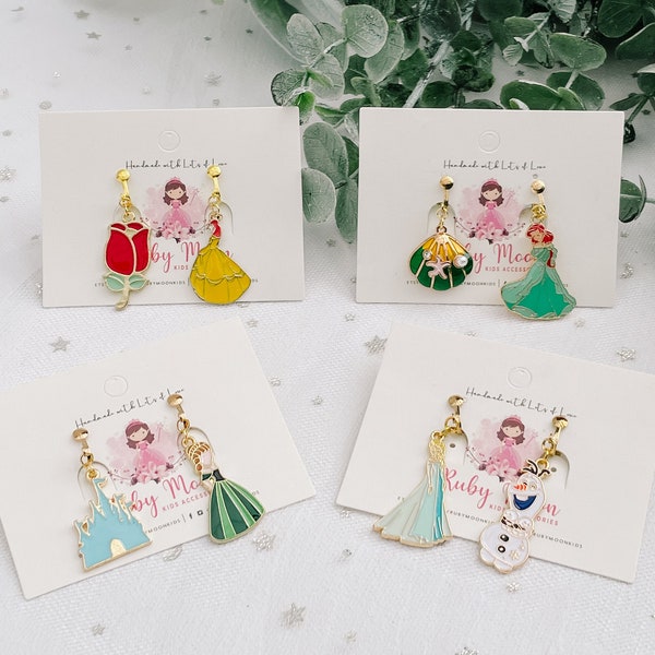 Boucles d'oreilles princesse Disney à clip, petite sirène, boucles d'oreilles Elsa Frozen, cadeau d'anniversaire La Reine des neiges, fête d'anniversaire, boucles d'oreilles de la semaine du livre pour filles