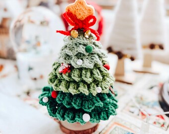Crochet Christmas Tree Decor: Handmade Tricolour Ornament with Wood Base