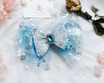 Oversized Glitter Tulle Hair Bow: Snow Queen Snowflake Clip
