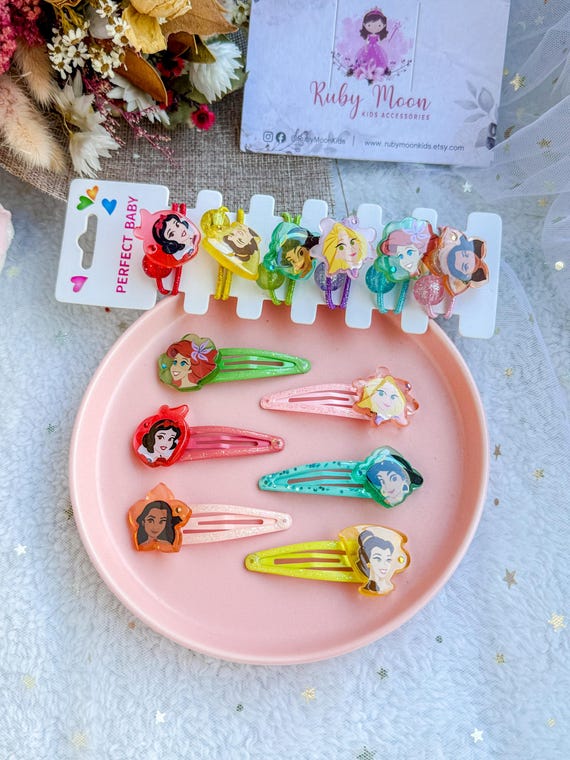 Set of 6 Glitter Princess Hair Clips | Belle, Ariel, Moana