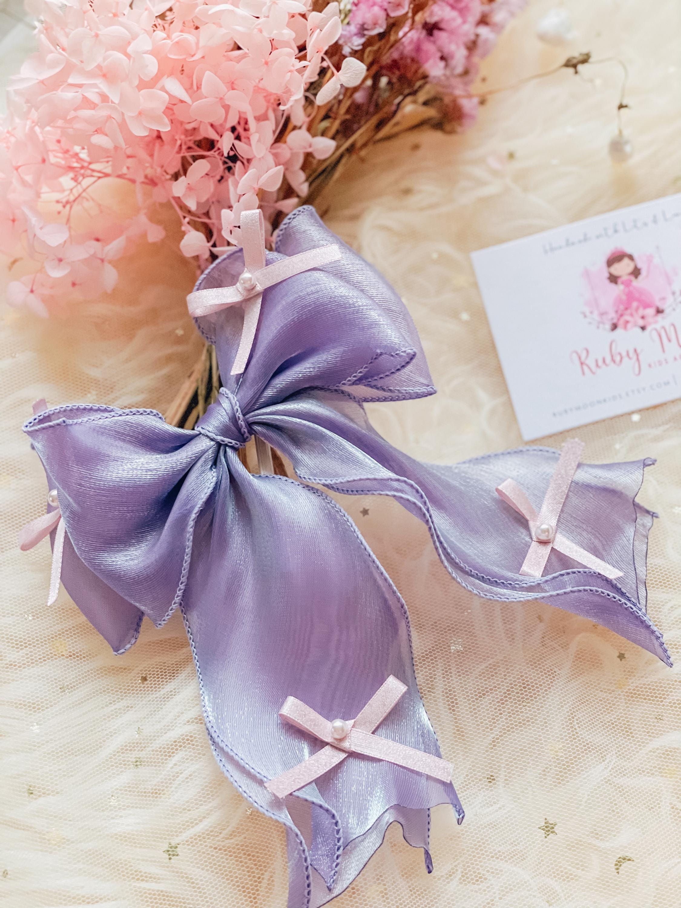 Lavender Organza Ribbon Hair Clip, Fairy Bow Barrettes, Bridal