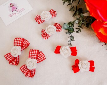 Spring and summer girl hair bow, red gingham fabric hair bow, pig tail bows, mummy and me headband, back to school hair bow for girls