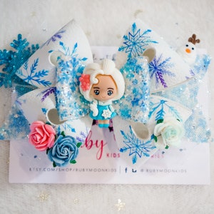 Elsa Hair Bow: Frozen Birthday Party Outfit, Snowflake Glitter Bow