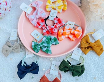 Set of 10 Fabric Bow Hair Ties | Gingham & Herringbone Pigtail Elastics | Cute Toddler Hair Accessories | Fall and Spring Hair Bows