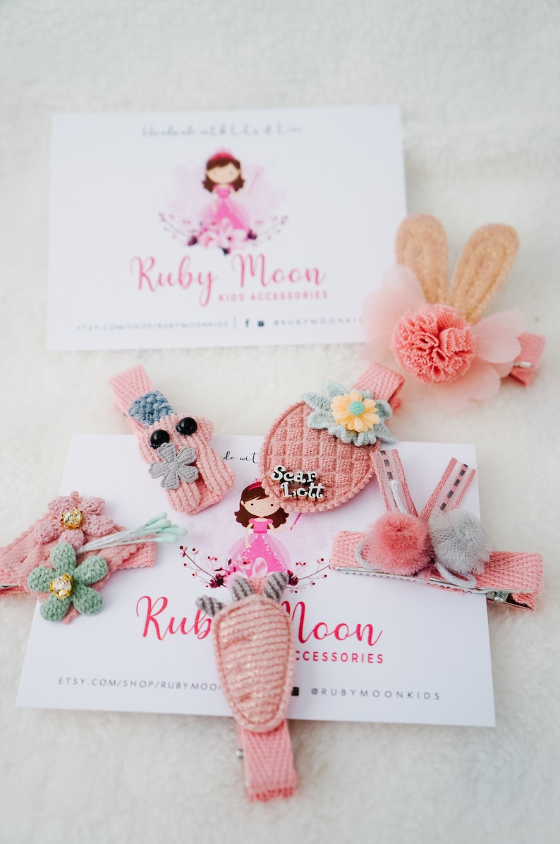 baby fringe clip SET of 6 Cute bunny ear hair clip cute bunny and carrot clip set for baby and toddler pink floral fabric fringe clip