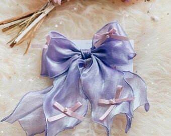 Lavender Organza Ribbon Hair Clip, Fairy Bow Barrettes, Bridal