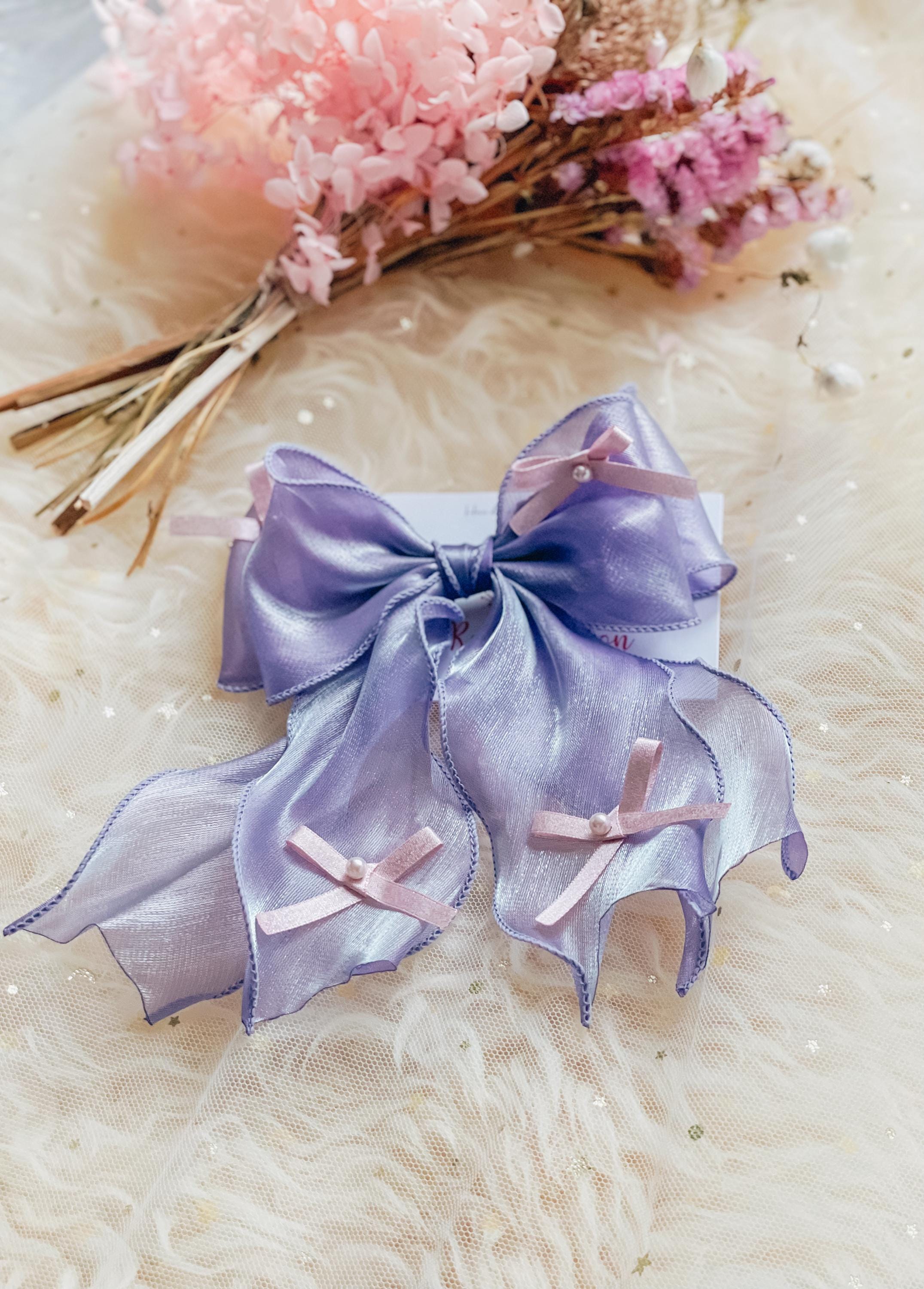 Lavender Organza Ribbon Hair Clip, Fairy Bow Barrettes, Bridal
