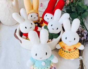 Crochet Miffy Bunny Toy: Handmade Cotton Rag Doll, Interchangeable outfit Miffy Plush