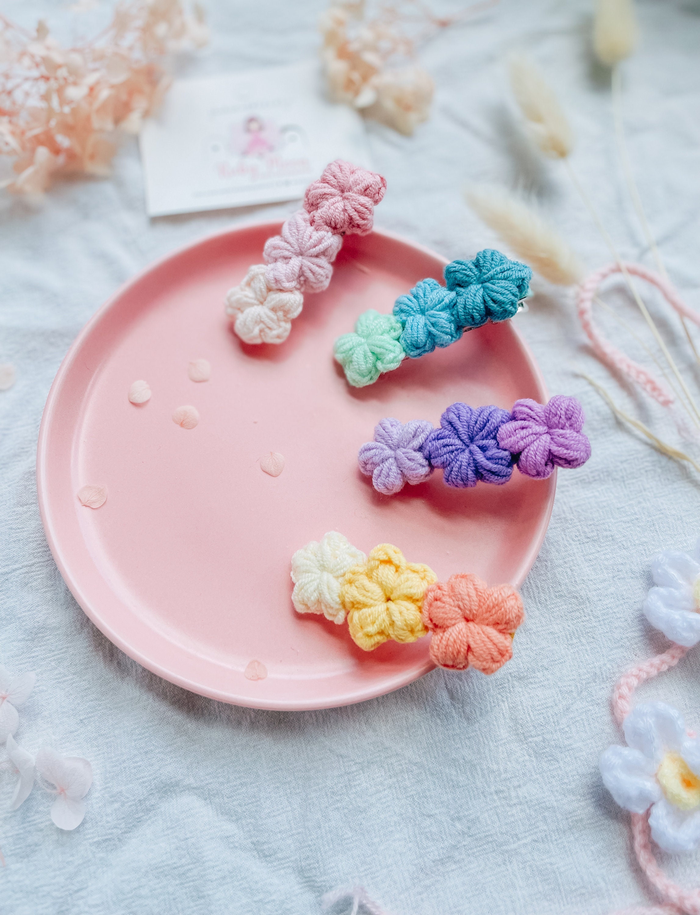 Crochet Flower Hair Clip: Ombre Rainbow Knitted Baby Hair 