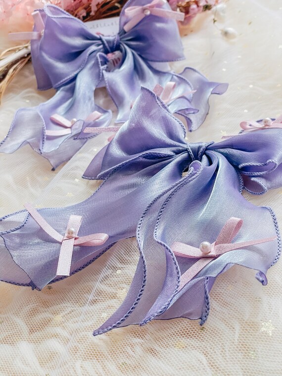 Lavender Organza Ribbon Hair Clip, Fairy Bow Barrettes, Bridal