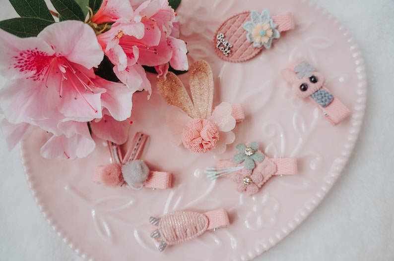 baby fringe clip SET of 6 Cute bunny ear hair clip cute bunny and carrot clip set for baby and toddler pink floral fabric fringe clip