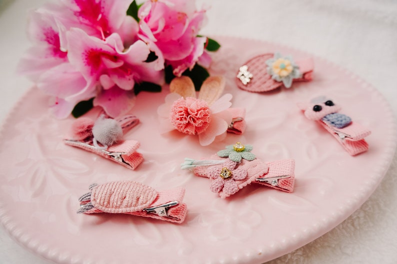 baby fringe clip SET of 6 Cute bunny ear hair clip cute bunny and carrot clip set for baby and toddler pink floral fabric fringe clip