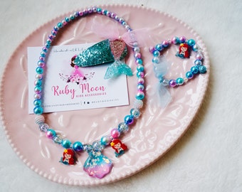 Mermaid Toddler Jewelry Set: Beaded Necklace, Bracelet Hair Clip