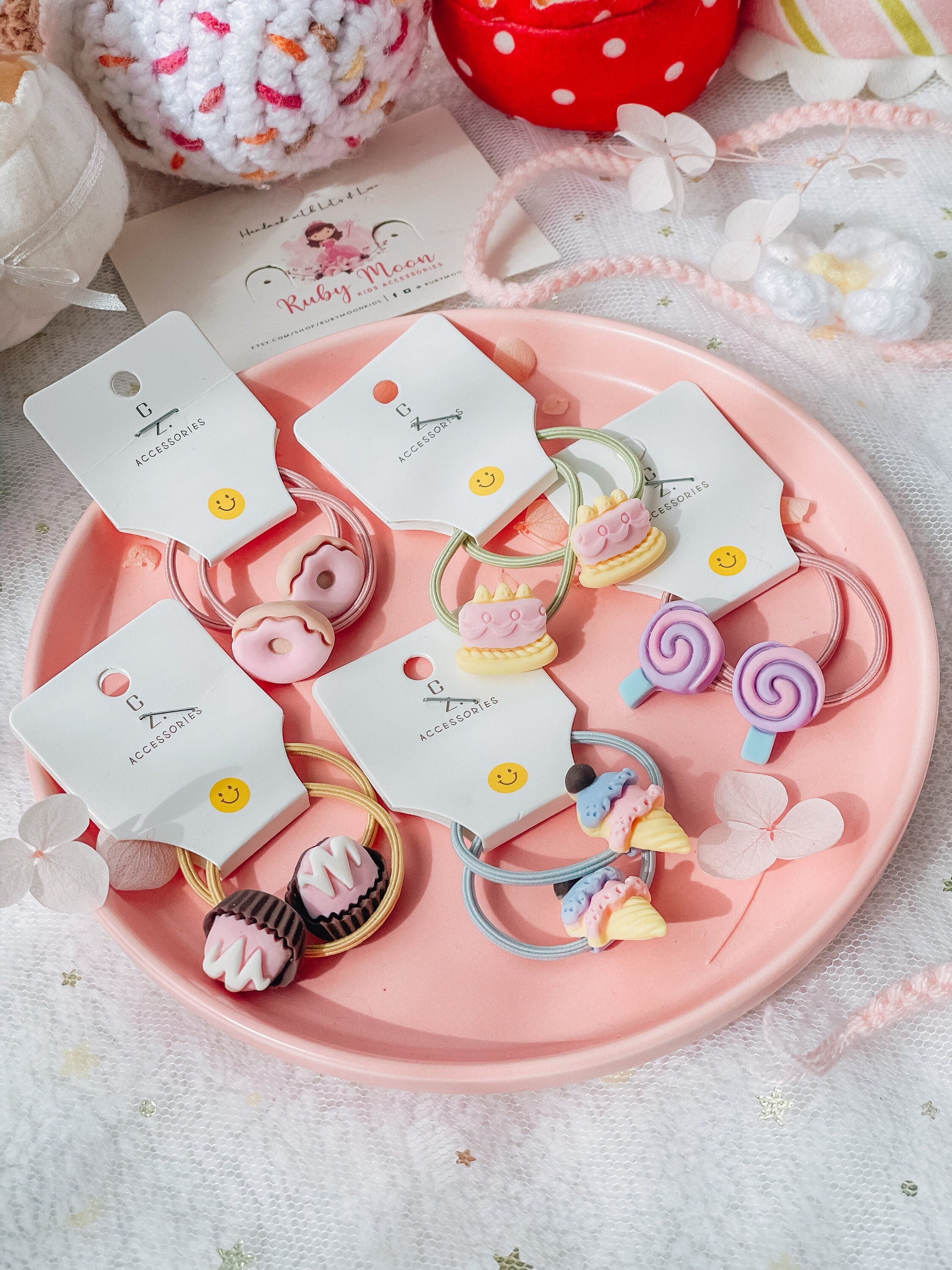 【Petit Gateau Headdress5点セット】10～12cm ピンク Sweet Treat Hair Ties: Cupcake, Lollipop, Donut - Set of 10 - Etsy