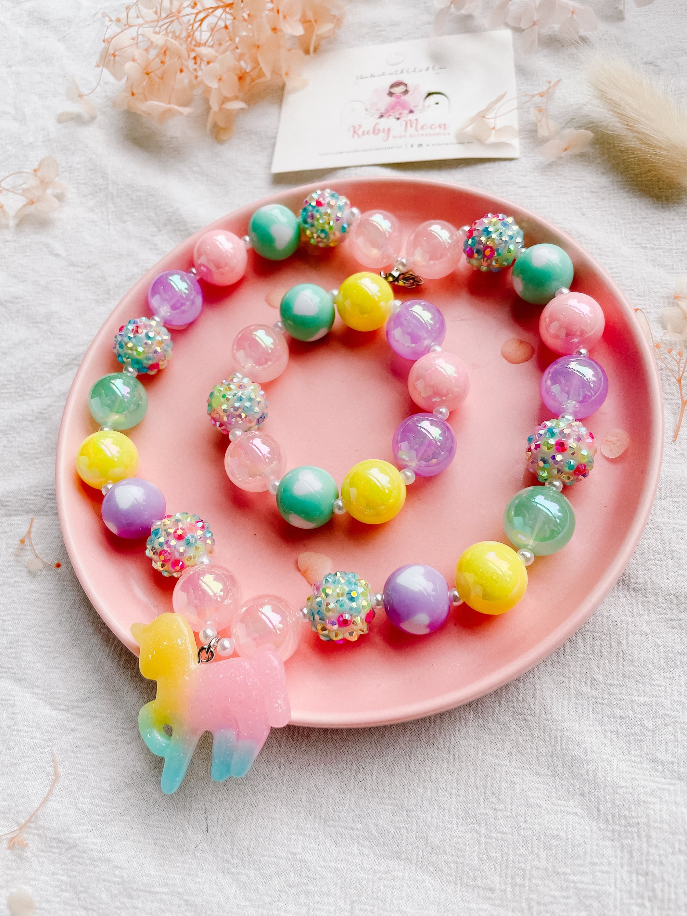 Ombre Unicorn Necklace and Bracelet Set: Pastel Bubblegum Beads - Etsy
