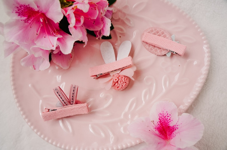baby fringe clip SET of 6 Cute bunny ear hair clip cute bunny and carrot clip set for baby and toddler pink floral fabric fringe clip