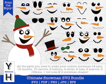 63 stuk Snowman Face SVG / Cute Snowman SVG / Snowman Clipart / Snowman Printable / Wortel knop Cricut SVG / Kerst Sneeuwpop