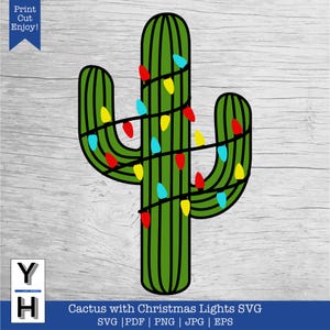 Cactus di Natale SVG / Cactus Saguaro con luci di Natale PNG / Clipart di Natale del sud-ovest / Cactus con luci di Natale SVG