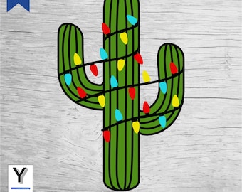 Christmas Cactus SVG | Saguaro Cactus with Christmas Lights PNG | Southwest Xmas Clipart | Cactus con luces de Navidad SVG