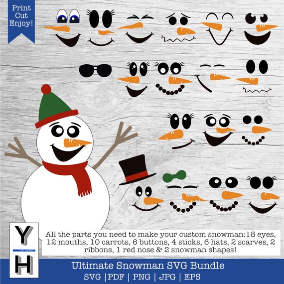 63 piece Snowman Face SVG / Cute Snowman SVG / Snowman Clipart / Snowman Printable / Carrot Button Cricut SVG / Christmas Snowman