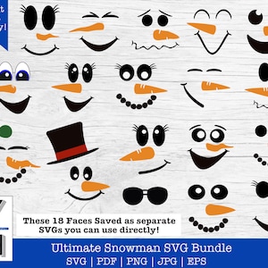 May include: A set of 18 black and white snowman face SVGs. The faces include various expressions, such as smiling, frowning, winking, and surprised. The SVGs are perfect for creating custom snowman crafts and decorations.