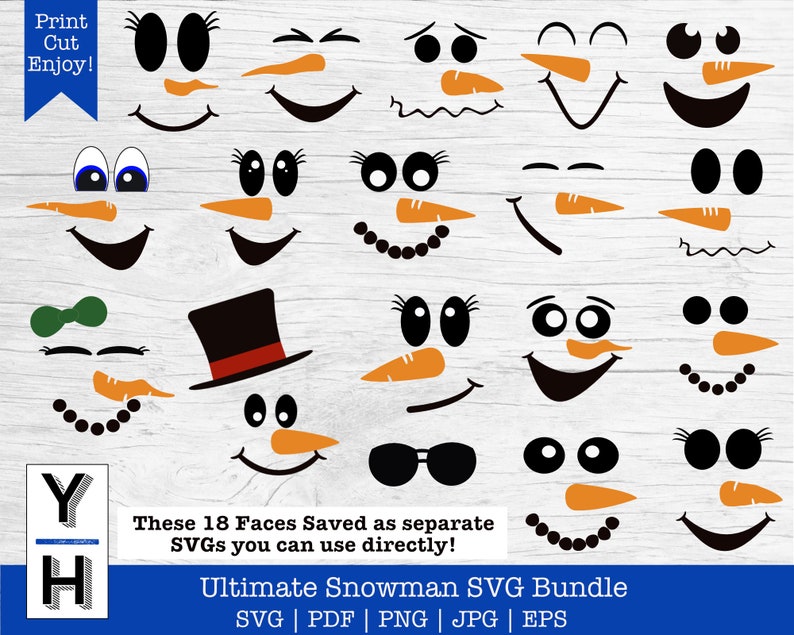 May include: A set of 18 black and white snowman face SVGs. The faces include various expressions, such as smiling, frowning, winking, and surprised. The SVGs are perfect for creating custom snowman crafts and decorations.