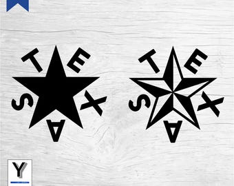May include: Two black and white Texas star designs with the letters "TEXAS" surrounding each star. The text "Texas Star - De Zavala SVG" is below the stars. The text "SVG | PDF | PNG | JPG | EPS" is below the previous text.