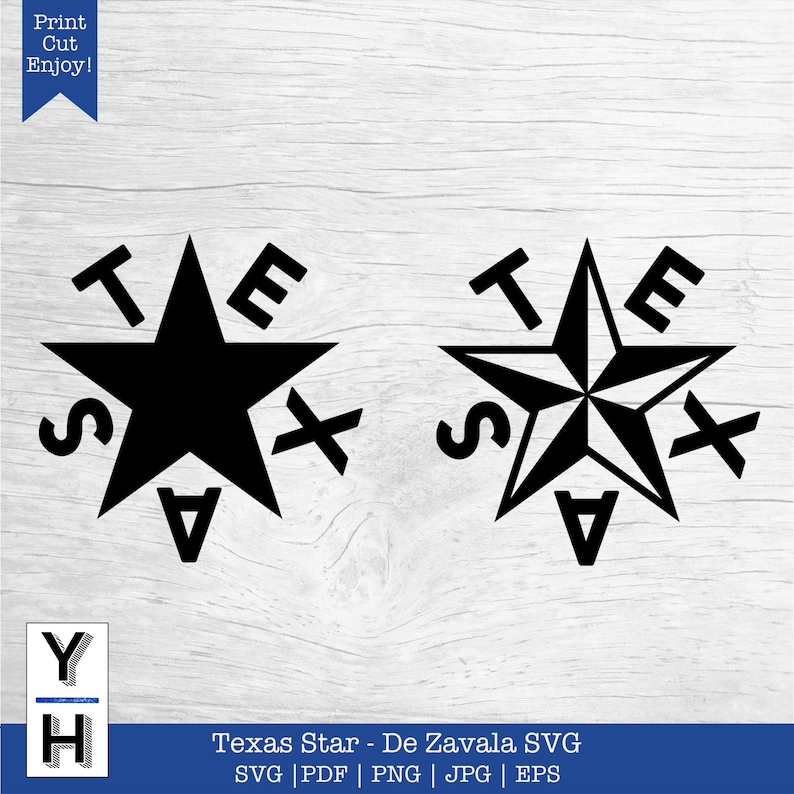 May include: Two black and white Texas star designs with the letters "TEXAS" surrounding each star. The text "Texas Star - De Zavala SVG" is below the stars. The text "SVG | PDF | PNG | JPG | EPS" is below the previous text.