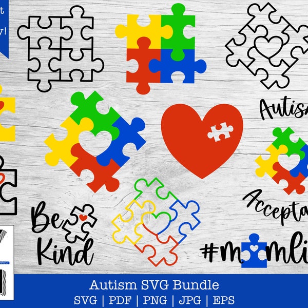 Autisme SVG-bundel | Austim bewustzijn PNG | Autisme puzzelstukjes SVG | Wees vriendelijk Vector Clipart