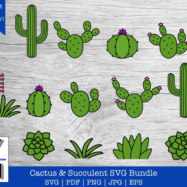 Cactus SVG | Succulent SVG Bundle | Prickly Pear cactus PNG | Saguaro Cactus Clipart | Cactus with Flower Cricut Glowforge