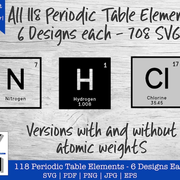 708 Periodic Table Elements SVG | Chemistry Periodic Table of the Elements Alphabet for Spelling Words, Names - 6 Designs for each | PNG