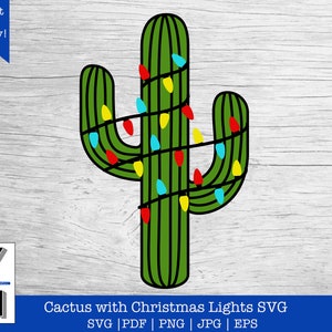 Christmas Cactus SVG Saguaro Cactus with Christmas Lights PNG Southwest Xmas Clipart Cactus con luces de Navidad SVG image 1