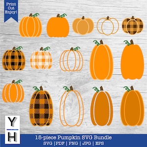May include: A set of 15 pumpkin SVG files in various styles, including orange, plaid, and white. The text "Print Cut Enjoy!" is at the top of the image. The text "15-piece Pumpkin SVG Bundle SVG | PDF | PNG | JPG | EPS" is at the bottom of the image.