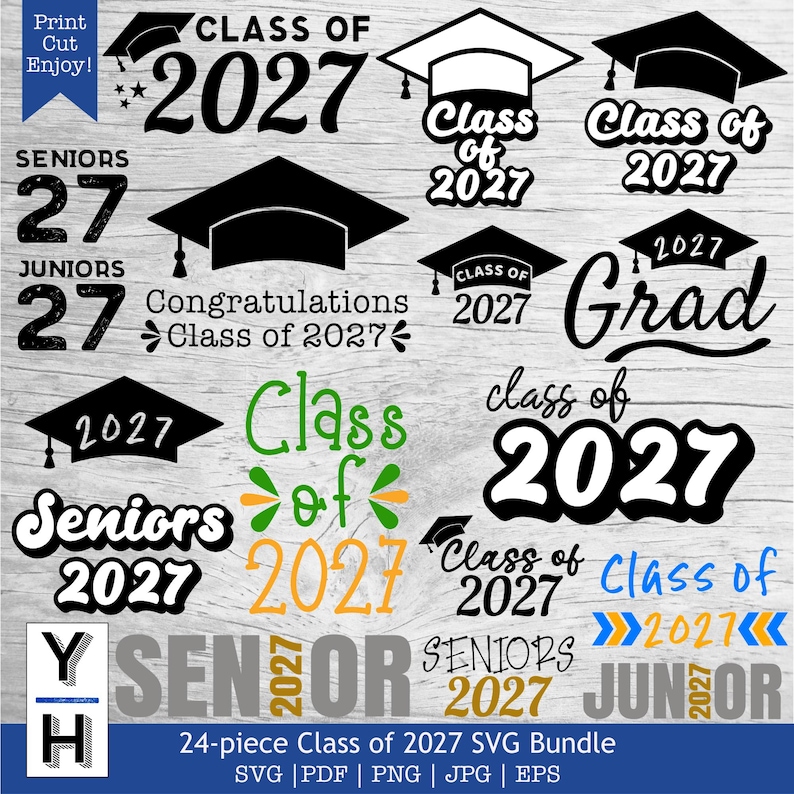 May include: A 24-piece Class of 2027 SVG bundle featuring various graduation designs in black, white, green, yellow, and blue. The designs include text such as "Class of 2027", "Seniors 2027", "Juniors 2027", and "Grad 2027".